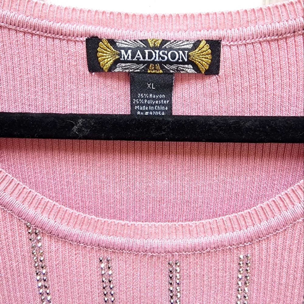 Madison Women's Rhinestone Ribbed Pink Ruffle Sleeve Knit Top Size XL - Picture 5 of 5